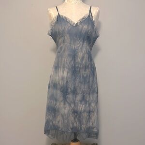 tie-dyed print slip dress, taffeta ruffles